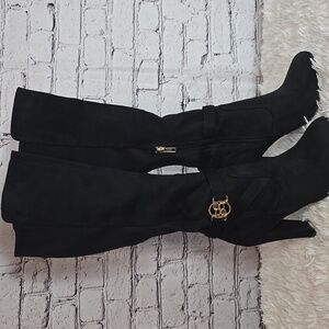 bebe Barya Black Heeled Boots with Gold Buckle Detail Size 8.5